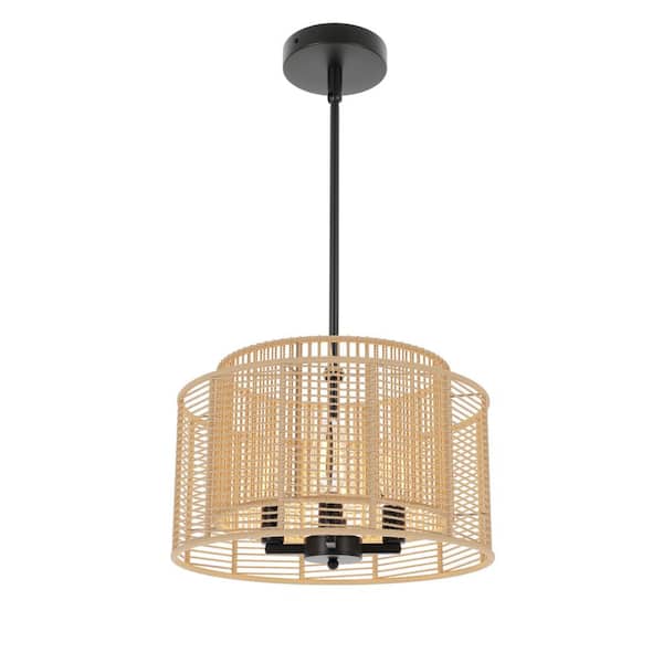 aiwen 14.76 in. 4-Light Boho Hand Woven Rattan Black Chandelier Height Adjustable Rustic Farmhouse Ceiling Hanging Light