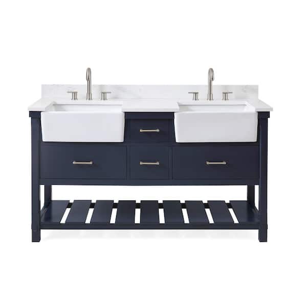 Benton Collection Kendia - 60 in. W x 22 in. D x 35 in. H Bathroom Vanity in Navy Blue Color with Fairy White Quartz Top