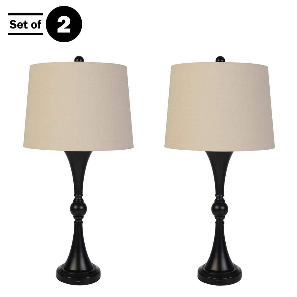 Black Metal Table Lamps with Linen Shades and USB Ports, Set of 2