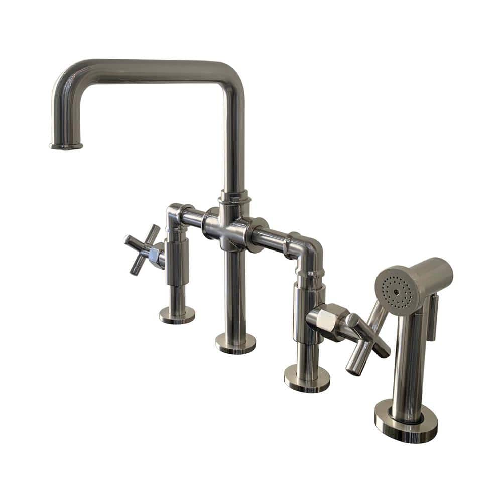 Highland Double Handle Bridge Kitchen Faucet with Side Spray in Brushed Nic