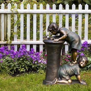 27 in. Tall Indoor/Outdoor Girl and Boy Drinking Water Fountain Yard Art Decoration