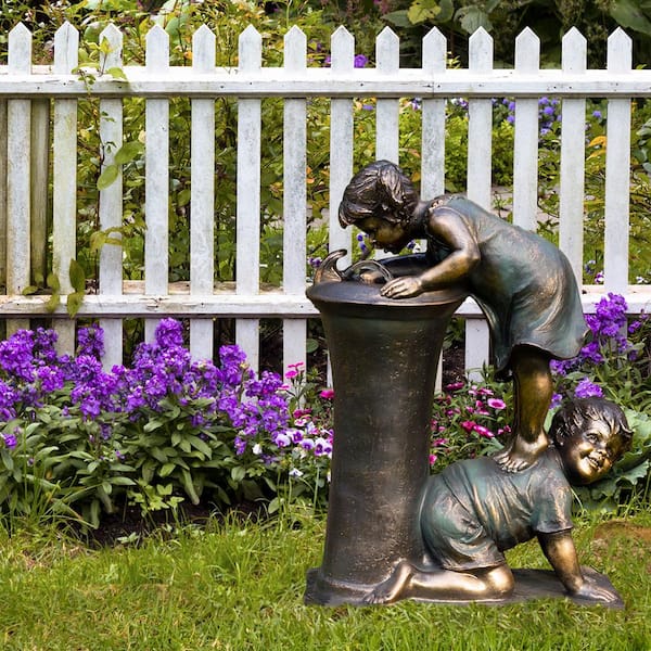 27 in. Tall Indoor/Outdoor Girl and Boy Drinking Water Fountain Yard Art Decoration