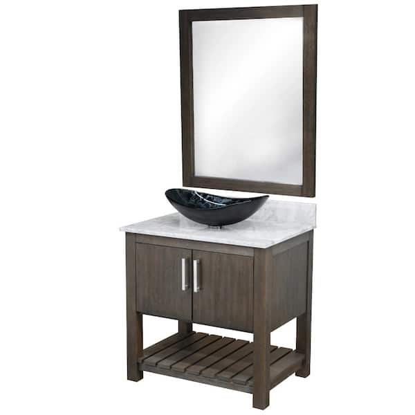 Novatto Ocean Breeze 31 in. W x 22 in. D x 31 in. H 1 BlackSilver Sink BN Bath Vanity in Cafe with Carrara Marble Top and Mirror