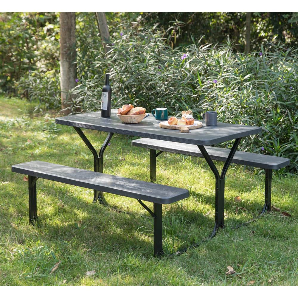 Gray Woodgrain Plastic and Metal Frame Outdoor Picnic Table Set