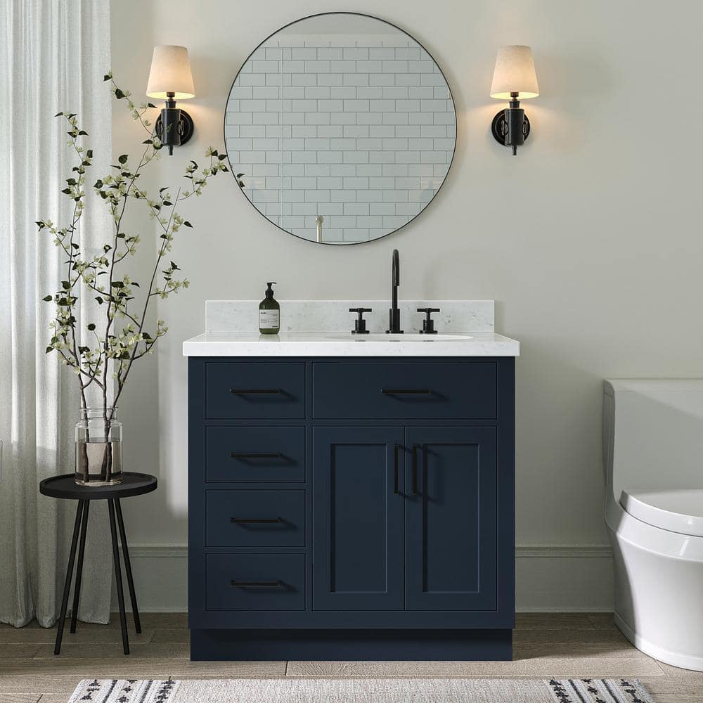 Midnight Blue Hardwood Freestanding Single Sink Vanity with Quartz Top