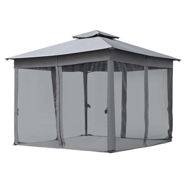 10 ft. x 10 ft. Outdoor Patio Gray Steel Gazebo Canopy Tent with Double Roofs and Mosquito Netting
