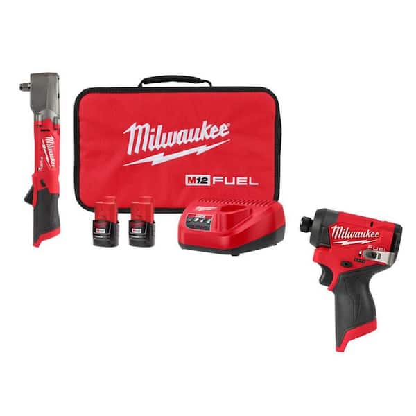 M12 FUEL 12V Lithium-Ion Brushless Cordless 1/2 in. Right Angle Impact Wrench Kit with Impact Driver & Batteries
