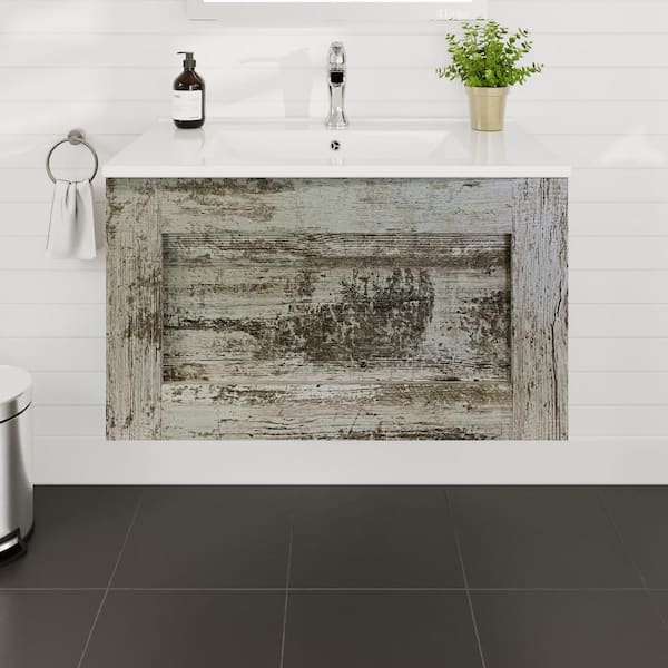 Capri 32 in. Single Sink Floating Vintage Ash Bath Vanity with White Porcelain Top (Assembled)