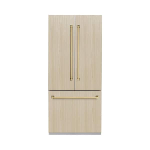 ZLINE Kitchen and Bath Autograph Edition 36 in. 3-Door Panel Ready French Door Refrigerator w/ Ice, Water Dispenser, Champagne Bronze Handle