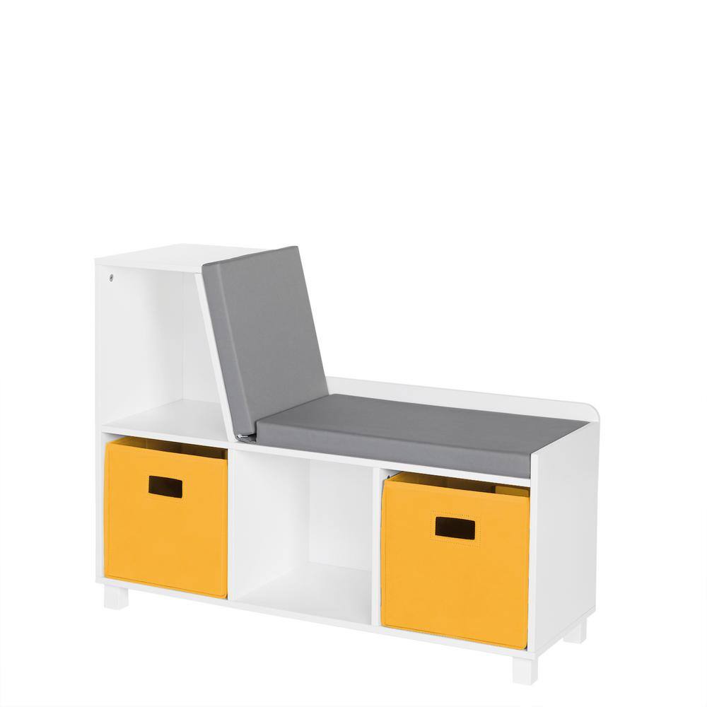 35 in. Wide Painted Kids Reading Nook Cushioned Toy Storage Bench with Cubby Organizers and 2-Golden Yellow Fabric Bins