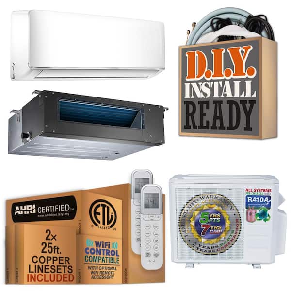 18000 BTU 1.5-Ton Dual Slim Duct/Wall Mount Ductless Mini Split Air Conditioner with Heat Pump 220-Volt