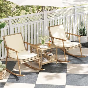 3-Piece Patio Wicker Rocking Outdoor Bistro Set Rattan Conversation Set with Soft Beige Cushions and Square Side Table