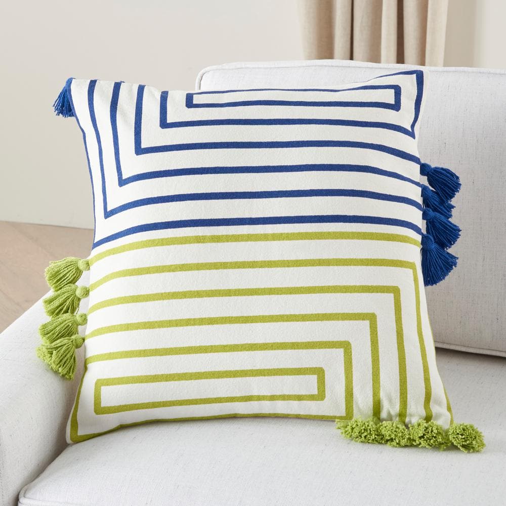 Lime Blue Cotton Square Throw Pillow with Tassels