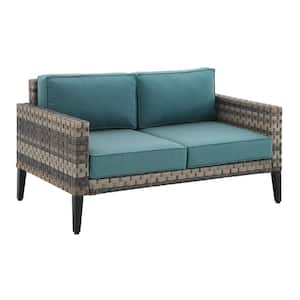 Prescott Brown Wicker Outdoor Loveseat with Mineral Blue Cushions