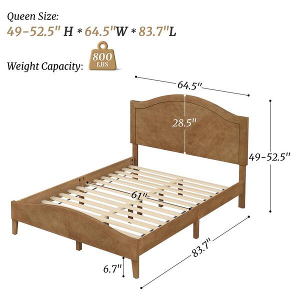 Adrian Mid Century Brown Wood Solid Wood Frame Queen Size Slat Support Platform Bed Frame with Adjustable Headboard