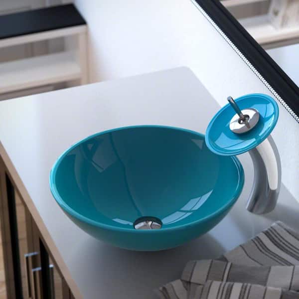 MR Direct Glass Vessel Sink in Turquoise with Waterfall Faucet and Pop-Up Drain in Chrome