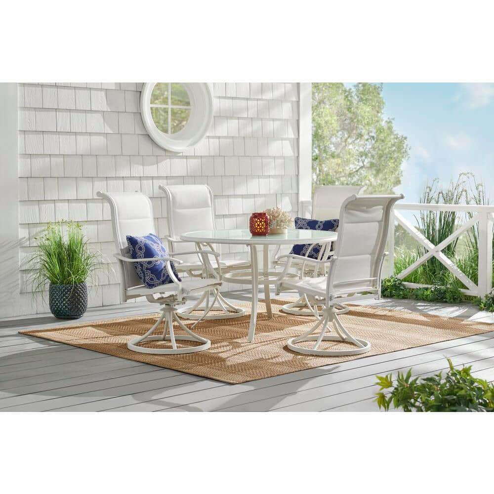 Hampton Bay Riverbrook Shell White 5-Piece Outdoor Patio Aluminum Round Glass Top Dining Set with Padded Sling Swivel Chairs -  FM18107-AL-SVAP