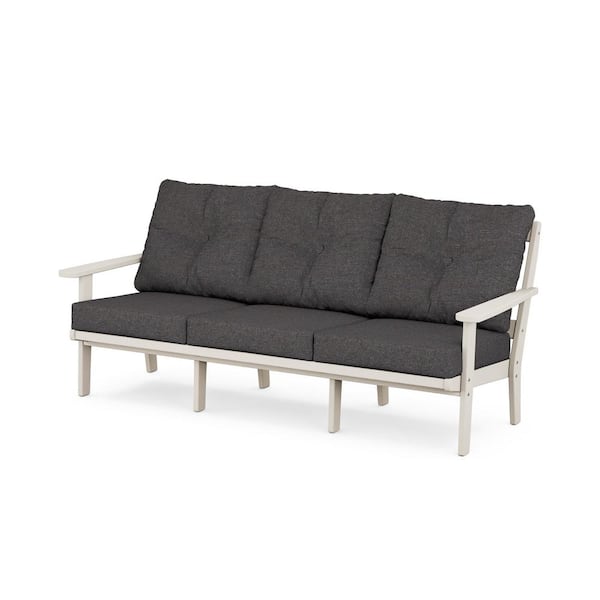Trex Outdoor Furniture Cape Cod Plastic Outdoor Deep Seating Couch in Sand Castle with Ash Charcoal Cushions