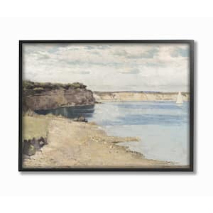 16 in. x 20 in. "Still Morning Oceanside Cliffs and a Sailboat Painting" by Artist Christy McKee Framed Wall Art