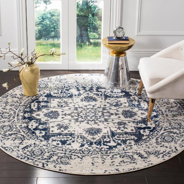 Madison Cream/Navy 11 ft. x 11 ft. Geometric Border Floral Medallion Round Area Rug