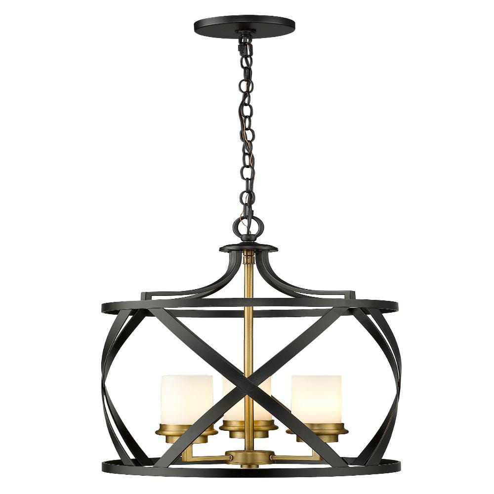3-Light Matte Black and Olde Brass Pendant with White Glass Shade