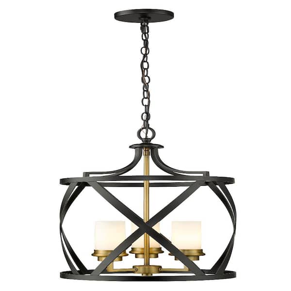 Unbranded 3-Light Matte Black and Olde Brass Pendant with White Glass Shade
