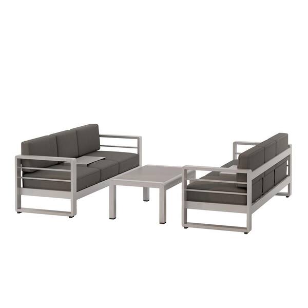 Noble House Cape Coral Sliver 3-Piece Aluminum Patio Conversation Set with Khaki Cushions