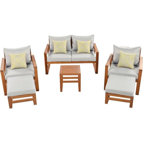 Sudzendf Brown 6-Piece Wood Outdoor Patio Conversation Set and Ottomans with Gray Cushions