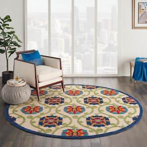 Aloha Easy-Care Blue/Multicolor 8 ft. x 8 ft. Round Floral Modern Indoor/Outdoor Patio Area Rug