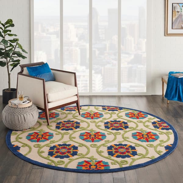 Aloha Easy-Care Blue/Multicolor 8 ft. x 8 ft. Round Floral Modern Indoor/Outdoor Patio Area Rug