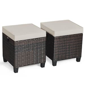 Patio Wicker Rattan Outdoor Ottoman with Removable Beige Cushions (2-Pack)