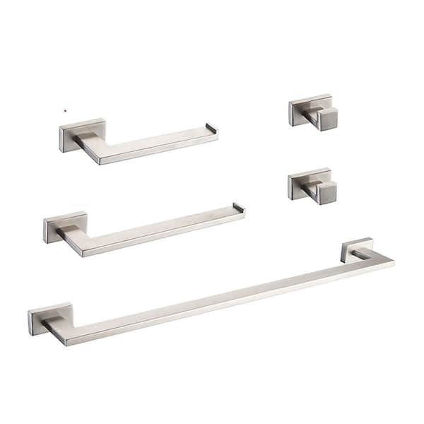 taholi Minimalist Stainless steel 5 Piece Bath Hardware Set with Towel Bar, Toilet Paper Holder and Hooks in Brushed Nickel