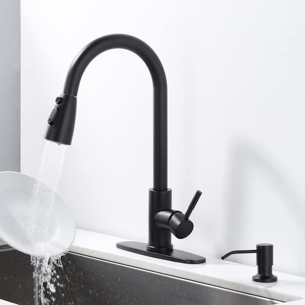 Stainless Steel Single Handle Pull Down Sprayer Kitchen Faucet with 3-Mode Spray, Soap Dispenser in Matte Black