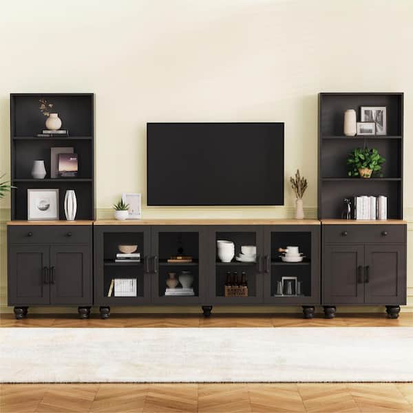 Black Farmhouse TV Stand Fits TV's up to 70 in. with Bookshelves and Tempered Glass Doors