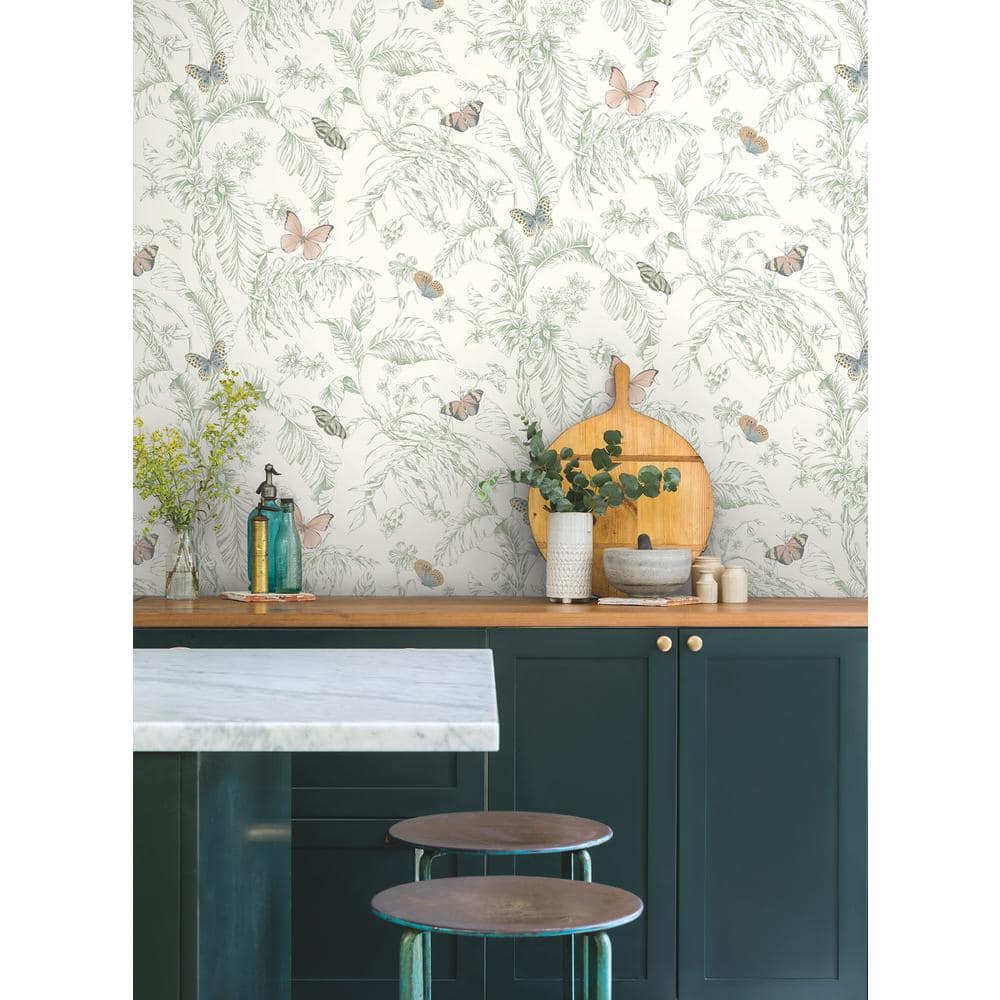 Blush and Green Tropical Butterfly Wallpaper
