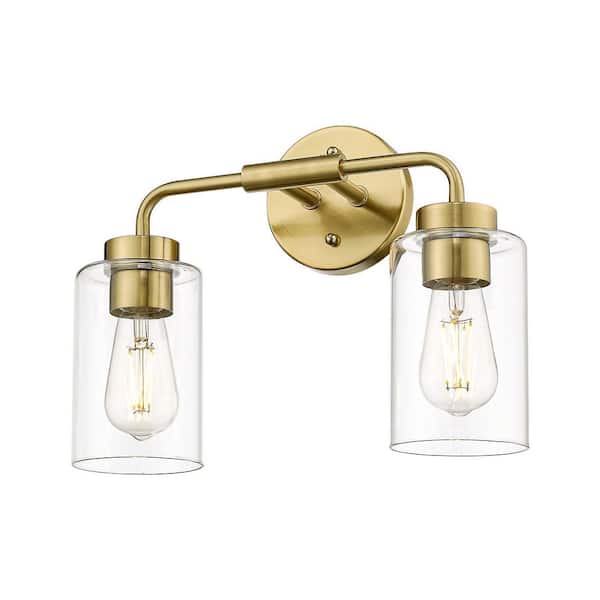 14.4 in. 2 Light Brushed Gold Vanity Light with Clear Glass Shade