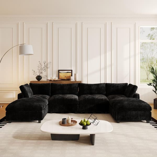 J&E Home 157.48 in. Rabbit Plush Fabric Square Arm 6-Piece U