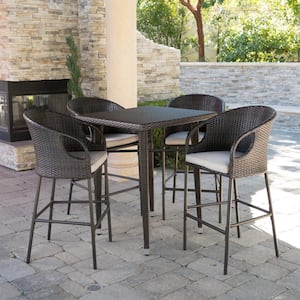 Dominica 41 in. Multi-Brown 5-Piece Faux Rattan Square Outdoor Serving Bar Set with Light Brown Cushions