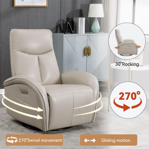 36.23 in. Beige Faux Leather Swivel Recliner with Power Lumbar Support, 270° Swivel with USB and Type-C Ports
