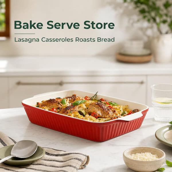 REDValentino 23.5〜24cm Numhew 4.2 Qt. Red Ceramic Casserole Dish, Large Lasagna Pan Deep
