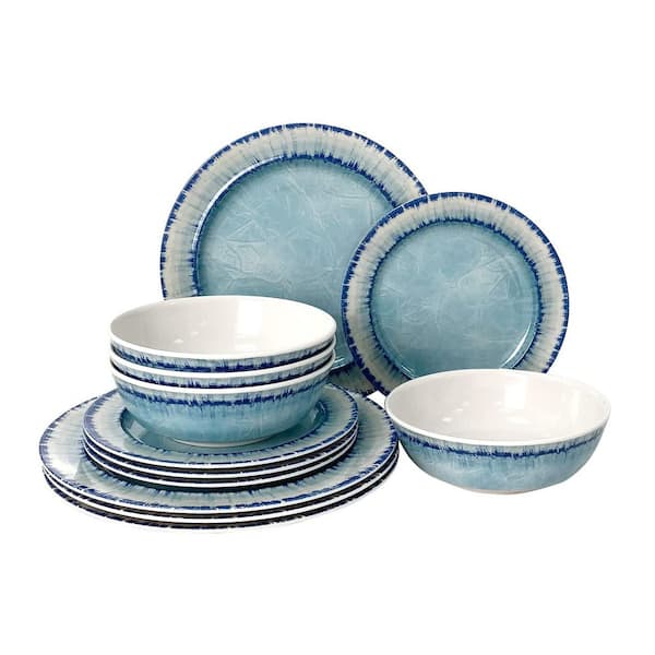 12-Piece Light Blue Melamine Dinnerware Plates Set, Dinner Dishes Set for Indoor and Outdoor Use, Dishwasher Safe