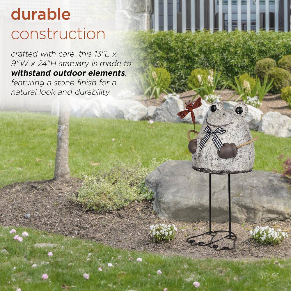 24" Stone Finish Frog with Metal Dragonfly Garden Statue