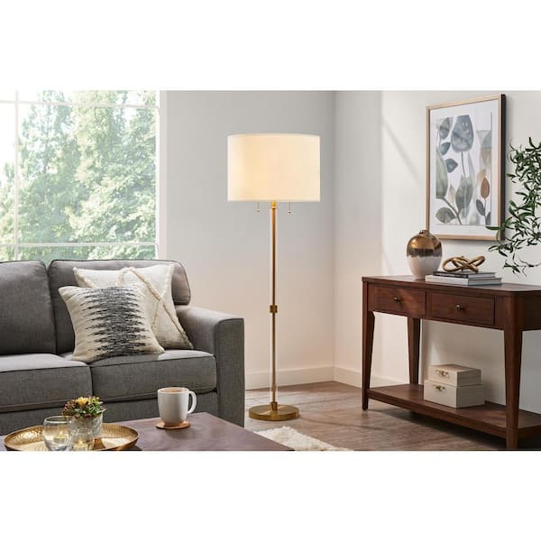 Hampton Bay Kersey 61 in. 2-Light Gold and Clear Acrylic Standard Floor Lamp with Fabric Drum Shade