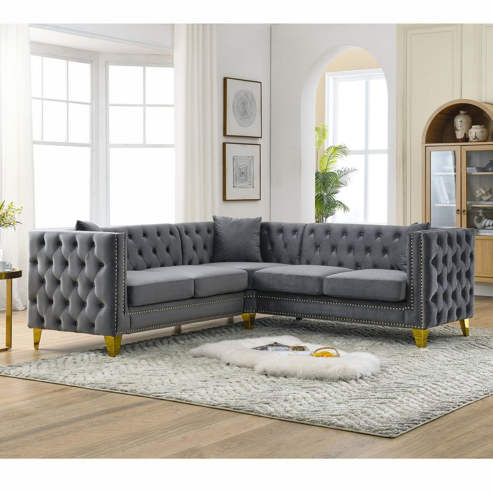 82.2 in. Track Arms Velvet L-Shaped Sectional Sofa in Gray, 5-Seater Corner Sofa with 3 Pillows price history on PriceWatchPro