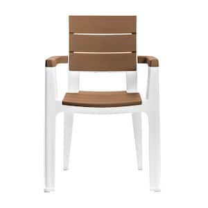 Madeira White and Teak Brown Plastic Indoor and Outdoor Patio Dining Chairs (4-Pack)