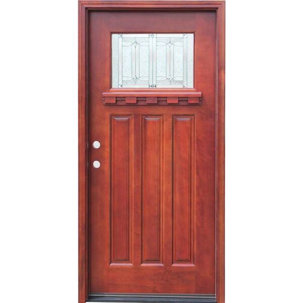 Pacific Entries 36 in. x 80 in. Craftsman 1 Lite Stained Mahogany Wood Prehung Front Door with Dentil Shelf