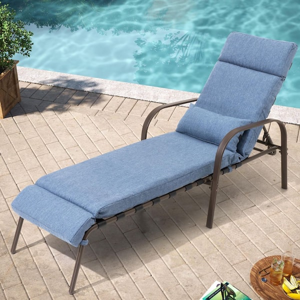 Pellebant 1-Piece Metal Adjustable Backrest Recliner Outdoor Chaise Lounge Chair with Dark Blue Cushion and Arms