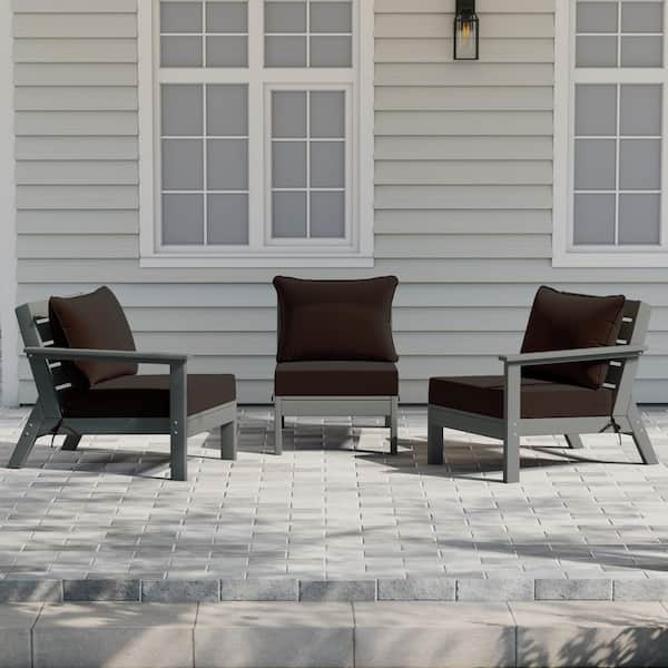 Birchwood Gray Arrangeable 3-Piece HDPE Deep Seating Outdoor Patio Conversation Sofa Arm Chair Set w/ Brown Cushions