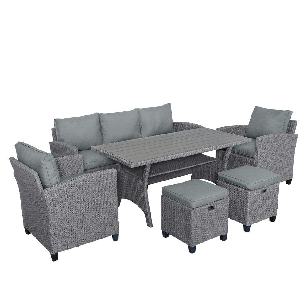 Gray 6-Piece All Weather Wicker Patio Conversation Set with Dining Table and Gray Cushion -  Zeus & Ruta, MK-3