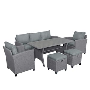 Gray 6-Piece All Weather Wicker Patio Conversation Set with Dining Table and Gray Cushion